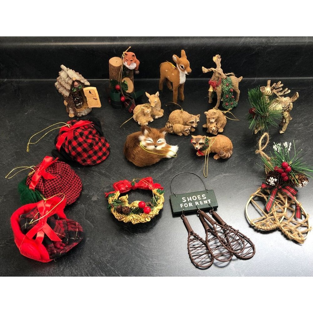 17pc Animal Nature Ornament Lot Deer Raccoon Fox Snow Shoes Winter Hats Outhouse